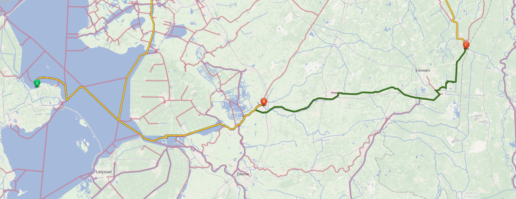 Route via Meppel, Klanzienaveen to Haren (DE)