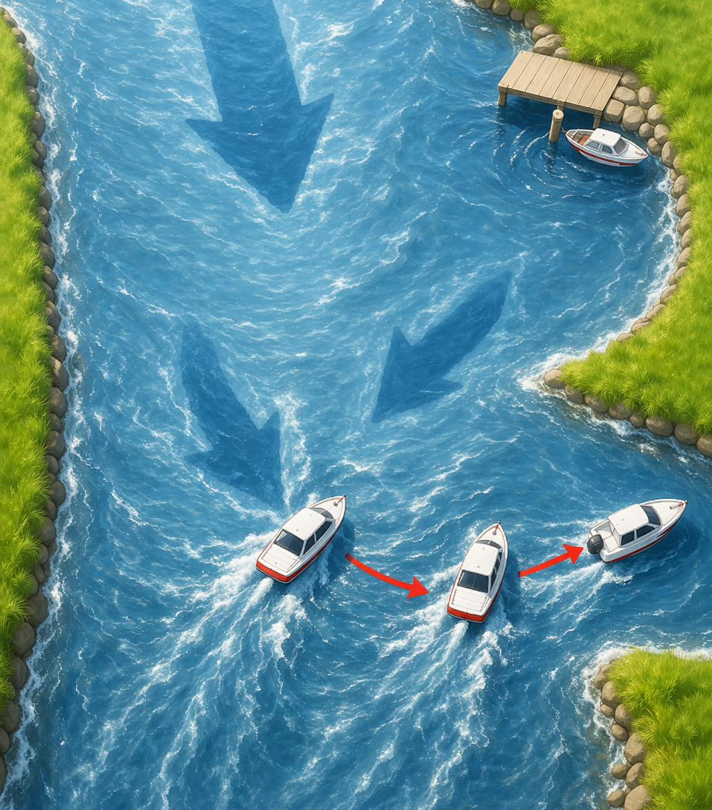 Getting into harbor at streaming river